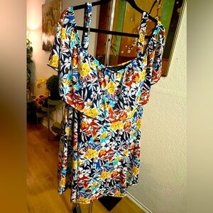 Fit 4U Tropical Adjustable Straps Cold Shoulder Ruffles Trim Swim Dress 22W